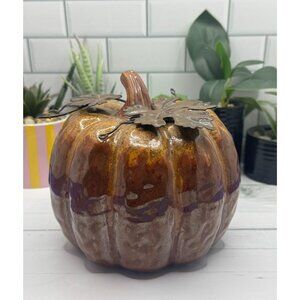 Ceramic Pumpkin With Metal Leaf Accents
